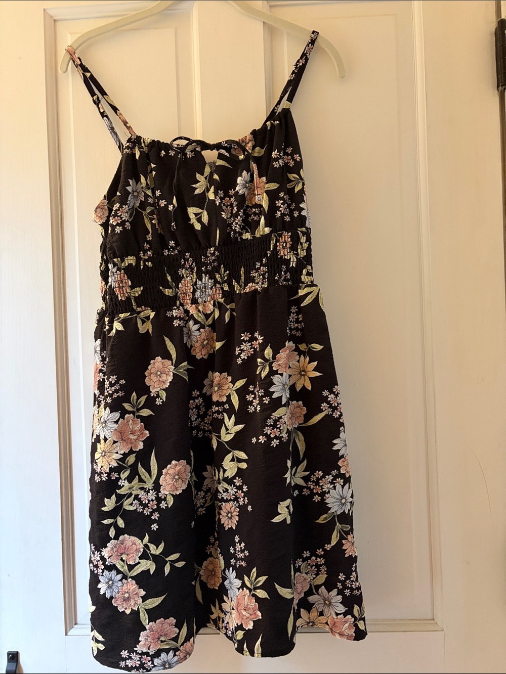 Floral Black Smocked Sundress - Spaghetti Straps